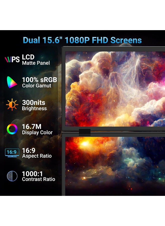 شاشة محمولة مزدوجة 15.6 بوصة – شاشة قابلة للطي لتوسيع شاشة اللابتوب بدقة FHD وIPS و100% sRGB وسطوع 300 شمعة، متوافقة مع macOS وWindows وAndroid – شاشة محمولة للابتوب - Image 4