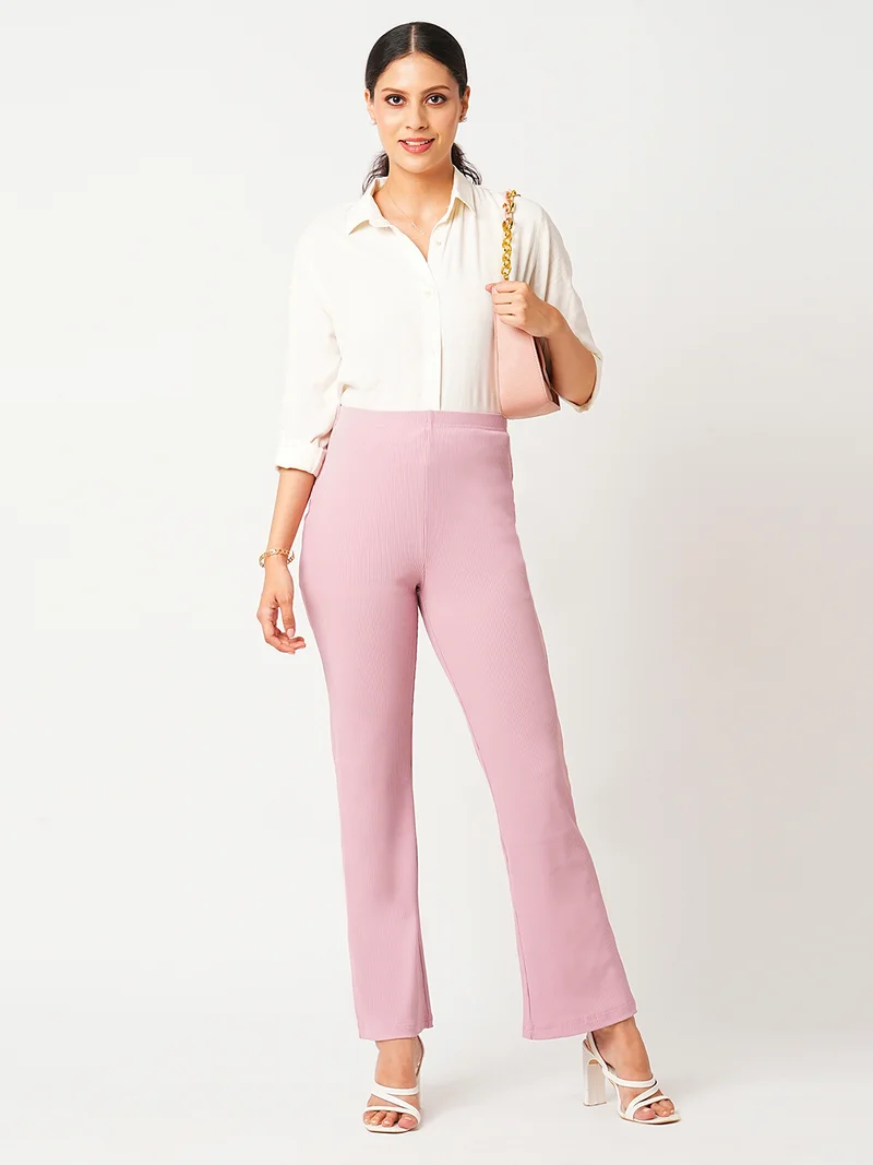 globus Women Pink Self Design Mid-Rise Slim Fit Bootcut Stretchable Treggings
