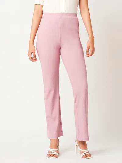 globus Women Pink Self Design Mid-Rise Slim Fit Bootcut Stretchable Treggings
