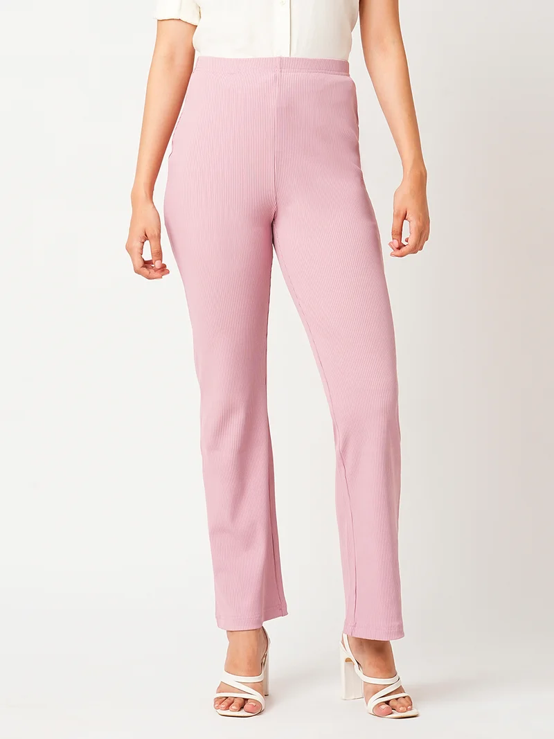globus Women Pink Self Design Mid-Rise Slim Fit Bootcut Stretchable Treggings