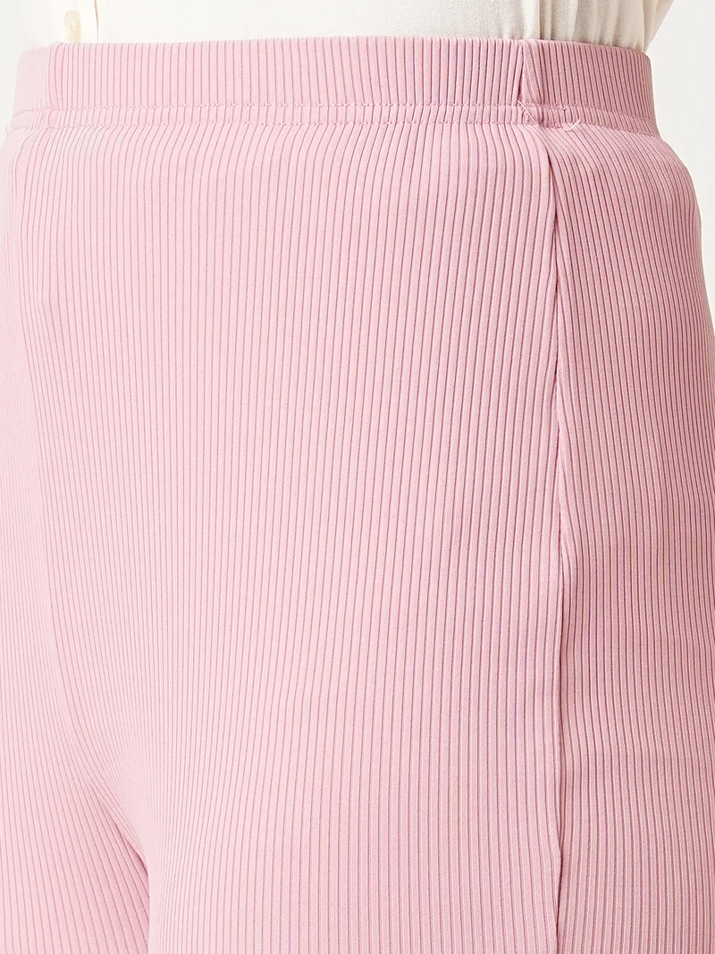 globus Women Pink Self Design Mid-Rise Slim Fit Bootcut Stretchable Treggings