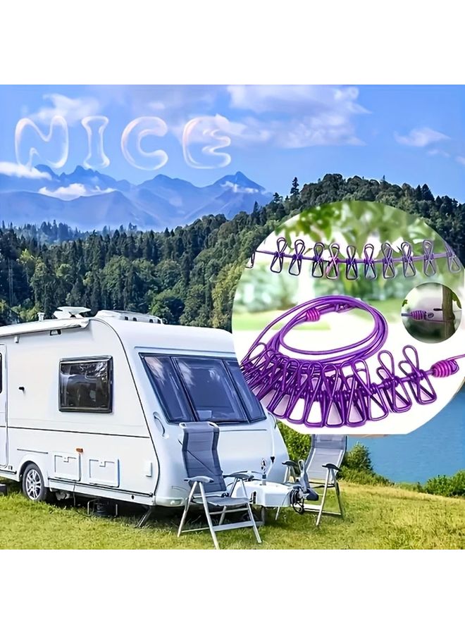 Blue Portable Travel Clothesline Retractable Windproof Elastic With 12 Clothespins - Image 3