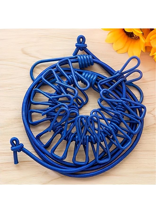 Blue Portable Travel Clothesline Retractable Windproof Elastic With 12 Clothespins - Image 1