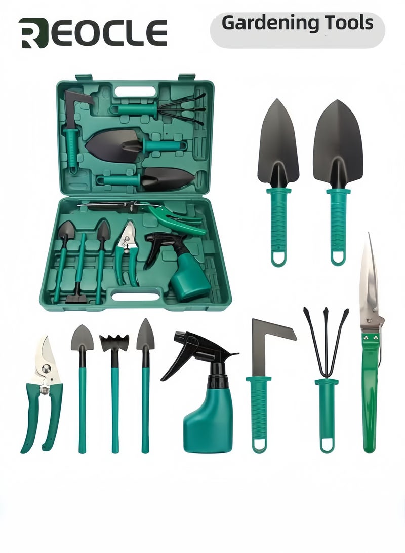 REOCLE Garden Tool Set 10PCS Gardening Planting Tool Kit Outdoor Hand Tools with Non-slip Rubber Grip Including Pruners Pruning Saw Rakes Sprayer Trowel Scissors for Indoor Gardening Gifts - Image 1