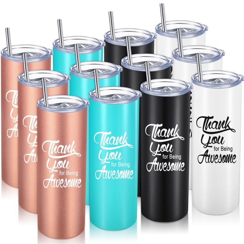 12 Sets Thank You Gifts for Women Men Thank You for Being Awesome 20oz Employee Appreciation Gifts Inspirational Tumblers Bulk for Coworker Christmas Graduation Wife Rose GoldMintWhiteBlack