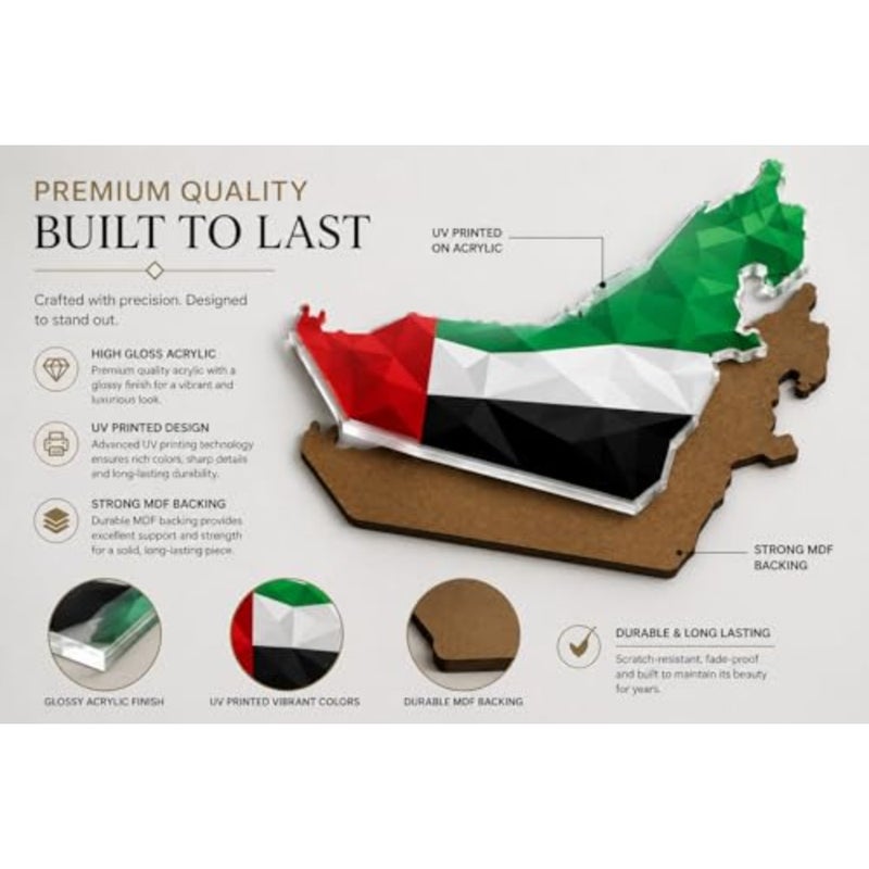 ARS® خريطة الإمارات العربية المتحدة لوحة فنية جدارية من الأكريليك تصميم هندسي مميز لعلم الإمارات العربية المتحدة، ديكور حائط أكريليك لامع مطبوع بالأشعة فوق البنفسجية لديكور المنزل والمكتب وغرفة المعيشة وهدية اليوم الوطني 60 × 70 سم - Image 4