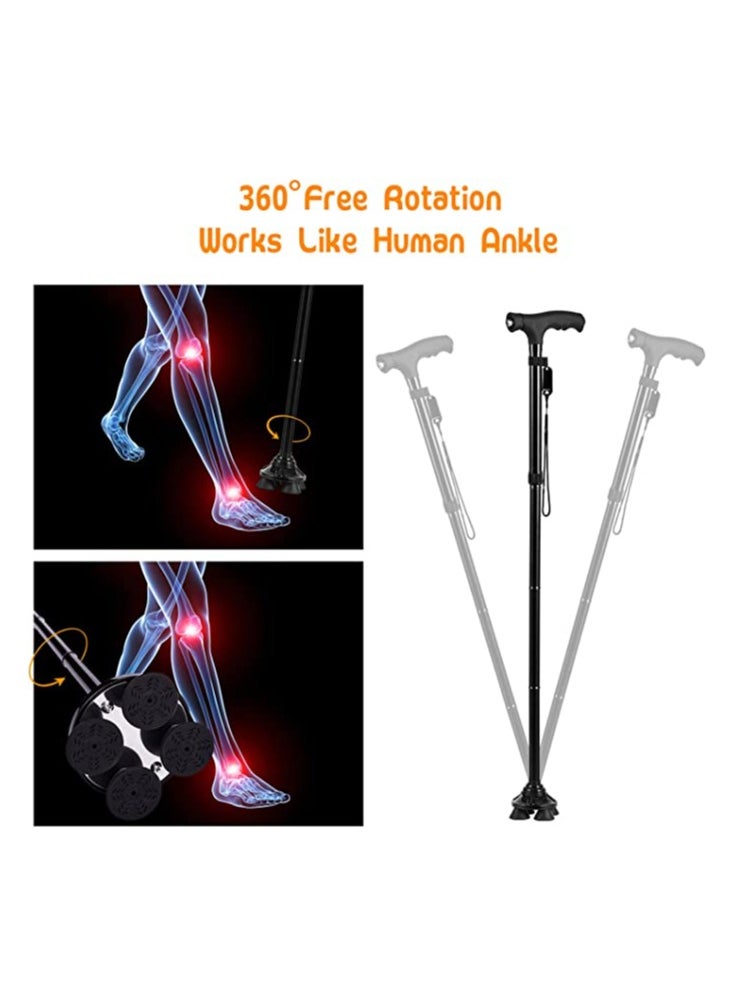 Smart Easy Walking Stick Adjustable Aluminum Lightweight Folding Cane and Extendable Walking Stick with Led Light for  for Elderly with Cushion T Handle and Pivoting Quad Base for Hiking Mountain Clim