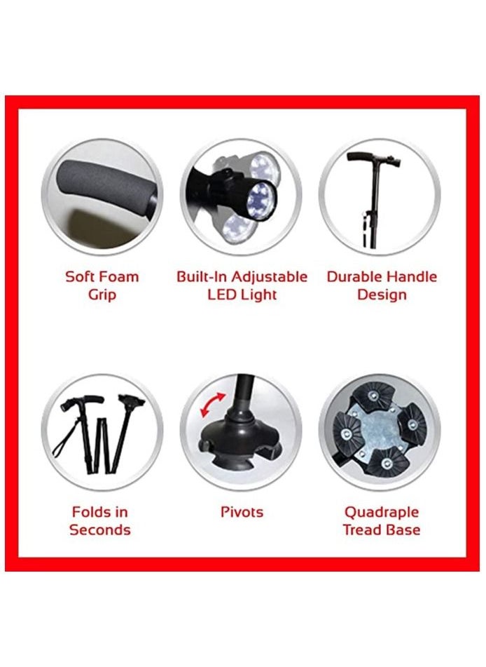 Generic - Smart Easy Walking Stick Adjustable Aluminum Lightweight Folding Cane and Extendable Walking Stick with Led Light for  for Elderly with Cushion T Handle and Pivoting Quad Base for Hiking Mountain Clim - Image 1