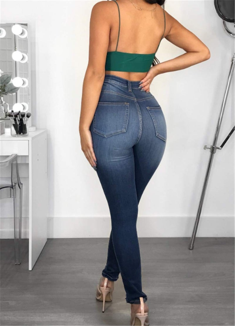 Skirt BL Women's High Waisted Stretch Ripped Skinny Jeans Juniors Destroyed Butt Lifting Denim Pants (Blue, US 14) - Image 5