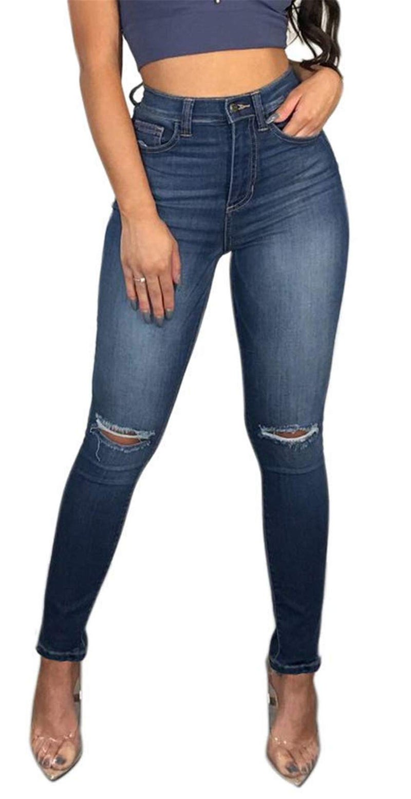 Skirt BL Women's High Waisted Stretch Ripped Skinny Jeans Juniors Destroyed Butt Lifting Denim Pants (Blue, US 14) - Image 1