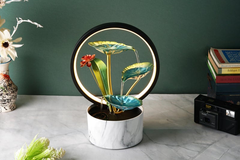 Seven Moon Metal Leaf Tabletop Water Fountain with LED Ring – Indoor Zen Waterfall Fountain for Living Room & Office, Vastu Benefits, Deep Basin Design (7MWF_015) - Image 4