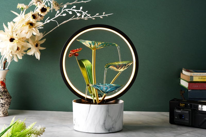 Seven Moon Metal Leaf Tabletop Water Fountain with LED Ring – Indoor Zen Waterfall Fountain for Living Room & Office, Vastu Benefits, Deep Basin Design (7MWF_015) - Image 3