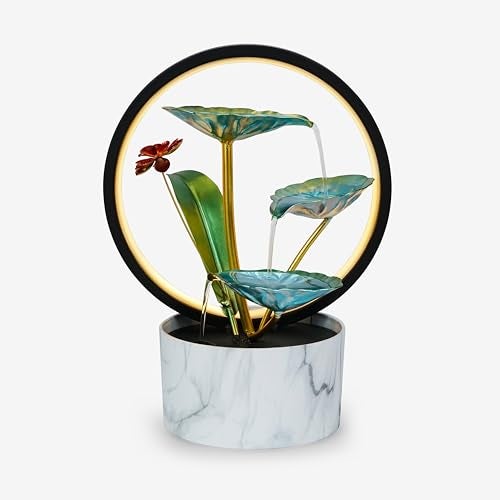 Seven Moon Metal Leaf Tabletop Water Fountain with LED Ring – Indoor Zen Waterfall Fountain for Living Room & Office, Vastu Benefits, Deep Basin Design (7MWF_015) - Image 5