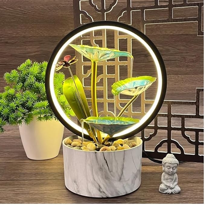 Seven Moon Metal Leaf Tabletop Water Fountain with LED Ring – Indoor Zen Waterfall Fountain for Living Room & Office, Vastu Benefits, Deep Basin Design (7MWF_015) - Image 2