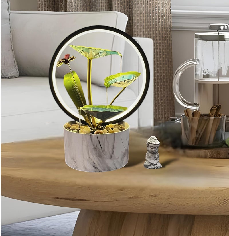 Seven Moon Metal Leaf Tabletop Water Fountain with LED Ring – Indoor Zen Waterfall Fountain for Living Room & Office, Vastu Benefits, Deep Basin Design (7MWF_015) - Image 1