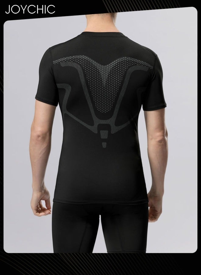 Joychic تي شيرت رجالي رياضي ضيق سريع الجفاف وعالي المرونة بأكمام قصيرة لممارسة رياضة كرة السلة والجري لجميع المواسم باللون الأسود - Image 3