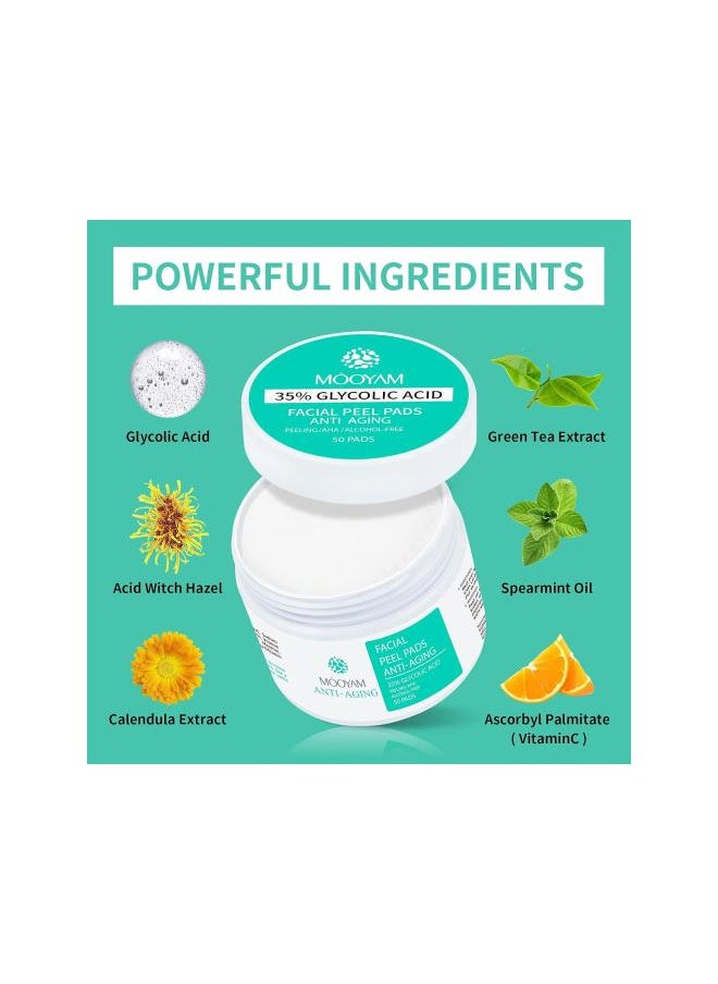 Generic - 35% Glycolic Acid Pads, 50 Pads AHA Resurfacing Peel Pads for Dark Spots, Acne, Fine Line + Turmeric and Vitamin C Face Serum, Anti Aging Serum for Face - Image 1