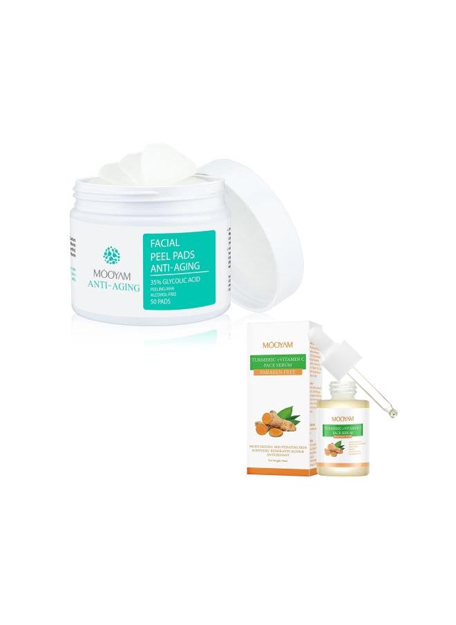 Generic - 35% Glycolic Acid Pads, 50 Pads AHA Resurfacing Peel Pads for Dark Spots, Acne, Fine Line + Turmeric and Vitamin C Face Serum, Anti Aging Serum for Face - Image 1