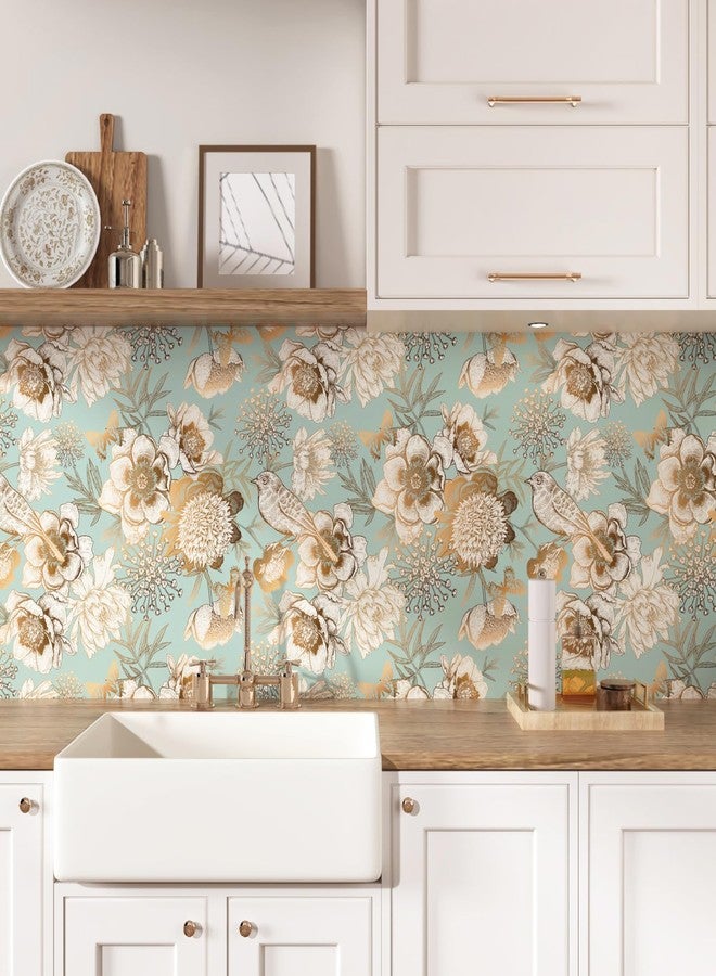Wallercity ورق حائط Wallercity Vintage Green/Gold قابل للتقشير واللصق بنقشة طيور زهرية لغرفة النوم والحمام والمطبخ وورق حائط زهري للخزائن وورق حائط ذاتي اللصق لتزيين الحائط المميز 17.5 بوصة × 315 بوصة - Image 3