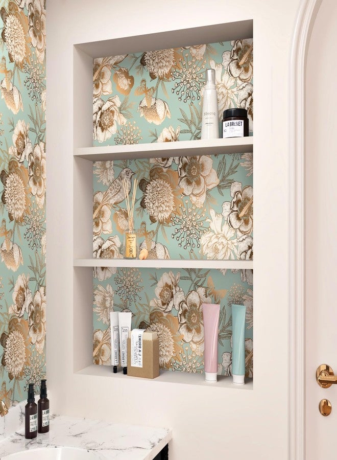 Wallercity ورق حائط Wallercity Vintage Green/Gold قابل للتقشير واللصق بنقشة طيور زهرية لغرفة النوم والحمام والمطبخ وورق حائط زهري للخزائن وورق حائط ذاتي اللصق لتزيين الحائط المميز 17.5 بوصة × 315 بوصة - Image 5