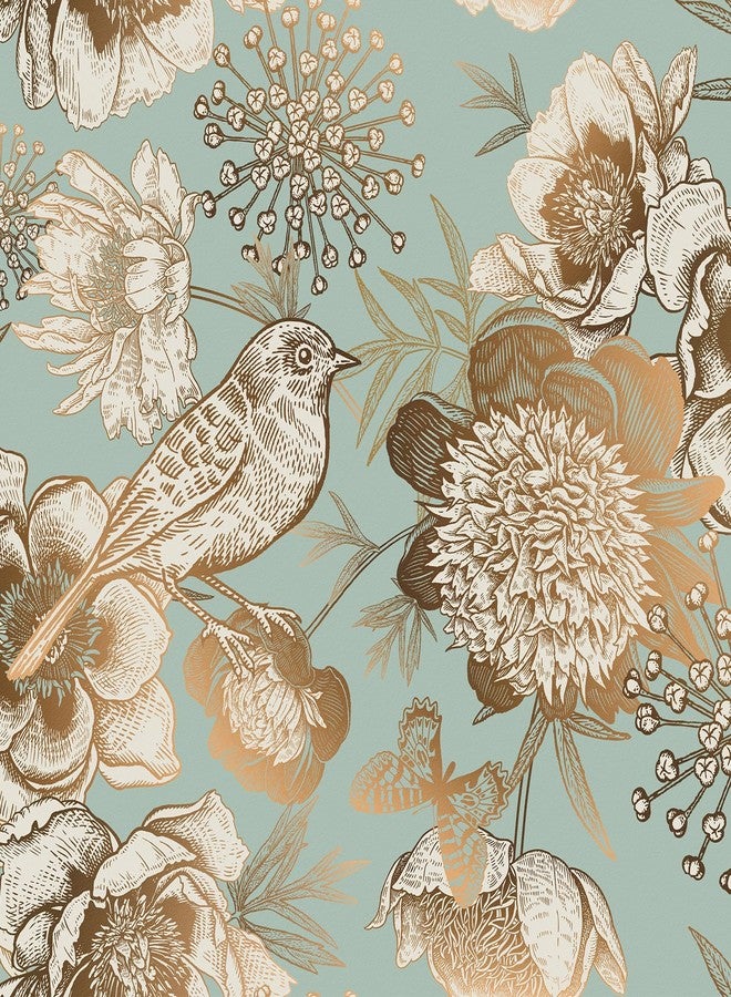 Wallercity ورق حائط Wallercity Vintage Green/Gold قابل للتقشير واللصق بنقشة طيور زهرية لغرفة النوم والحمام والمطبخ وورق حائط زهري للخزائن وورق حائط ذاتي اللصق لتزيين الحائط المميز 17.5 بوصة × 315 بوصة - Image 1