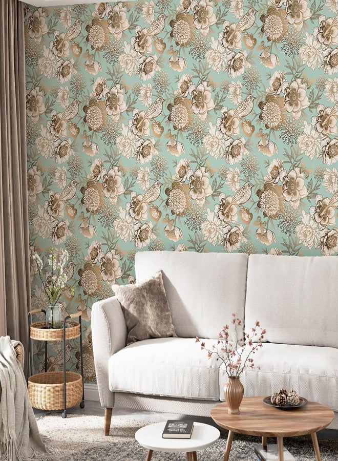 Wallercity ورق حائط Wallercity Vintage Green/Gold قابل للتقشير واللصق بنقشة طيور زهرية لغرفة النوم والحمام والمطبخ وورق حائط زهري للخزائن وورق حائط ذاتي اللصق لتزيين الحائط المميز 17.5 بوصة × 315 بوصة - Image 4