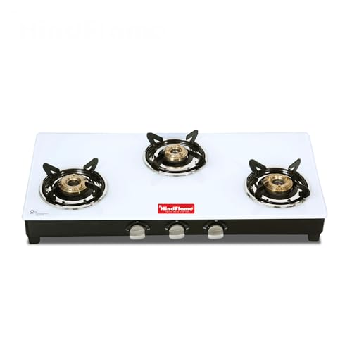 Hindflame 3 Burner Marvel White Toughened Glass LPG Cooktop, Manual Ignition Gas Stove with 1 Year Warranty (ISI Approved) - Image 1