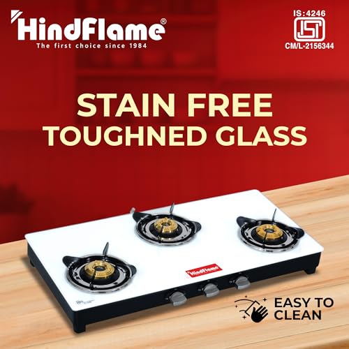 Hindflame 3 Burner Marvel White Toughened Glass LPG Cooktop, Manual Ignition Gas Stove with 1 Year Warranty (ISI Approved) - Image 4