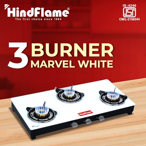 Hindflame 3 Burner Marvel White Toughened Glass LPG Cooktop, Manual Ignition Gas Stove with 1 Year Warranty (ISI Approved) - Image 2