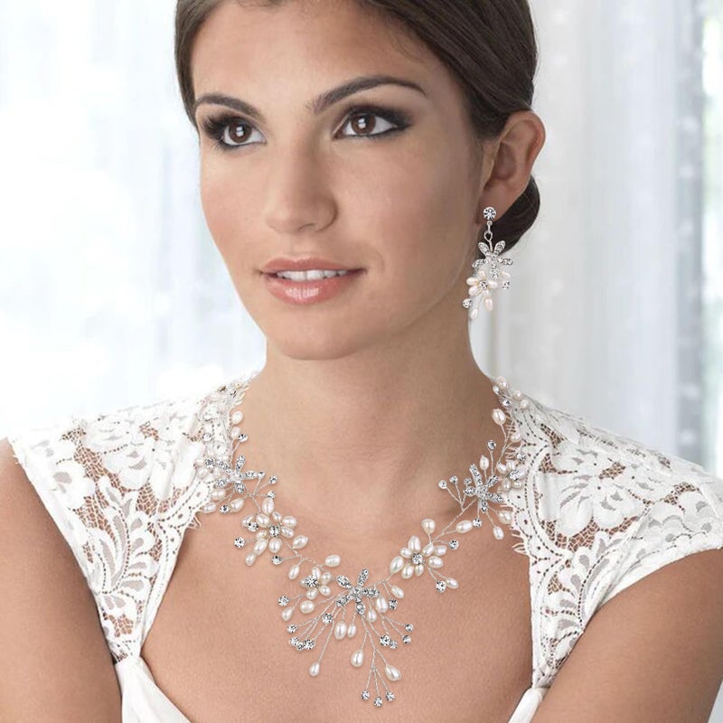 BriLove Silver Tone Freshwater Cultured Pearl Jewelry Set for Women Bohemian Boho Crystal Handmade Filigree Flower Teardrop Choker Necklace Dangle Earrings Clear - Image 3