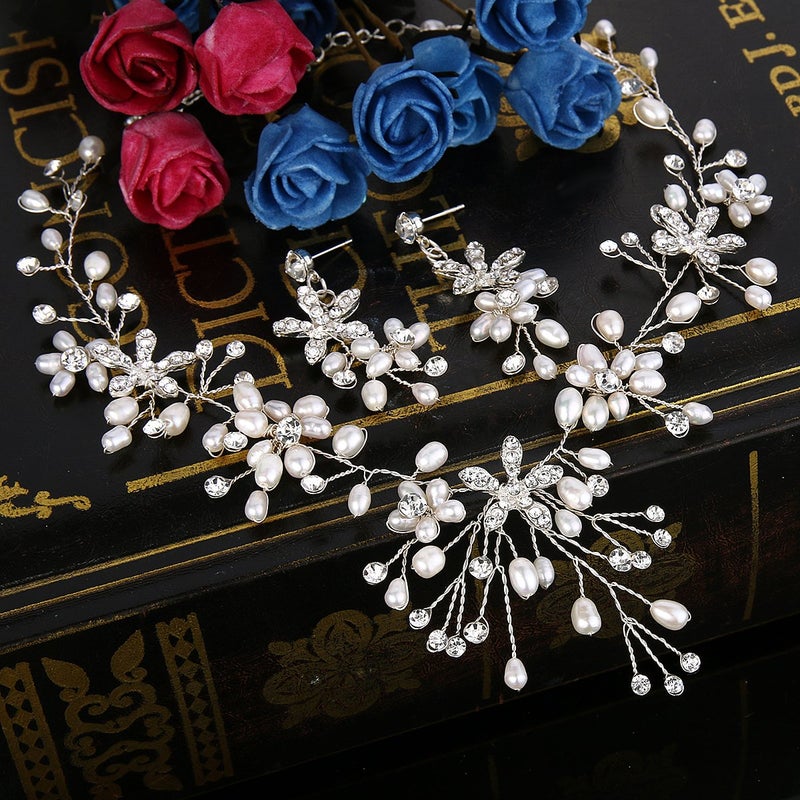 BriLove Silver Tone Freshwater Cultured Pearl Jewelry Set for Women Bohemian Boho Crystal Handmade Filigree Flower Teardrop Choker Necklace Dangle Earrings Clear - Image 4