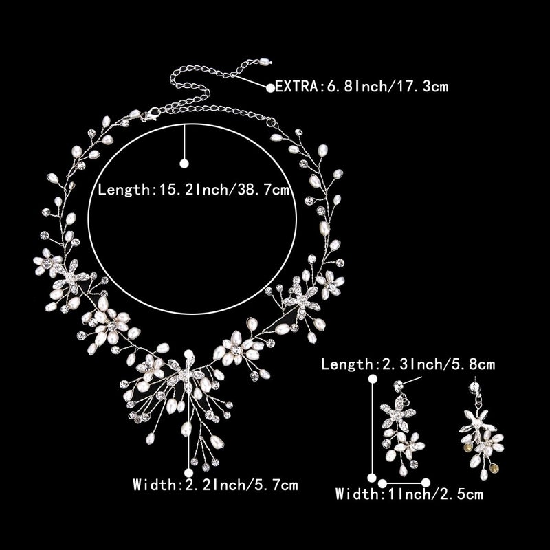 BriLove Silver Tone Freshwater Cultured Pearl Jewelry Set for Women Bohemian Boho Crystal Handmade Filigree Flower Teardrop Choker Necklace Dangle Earrings Clear - Image 5