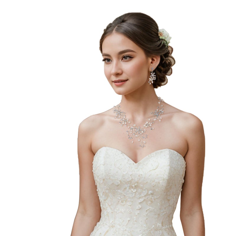 BriLove Silver Tone Freshwater Cultured Pearl Jewelry Set for Women Bohemian Boho Crystal Handmade Filigree Flower Teardrop Choker Necklace Dangle Earrings Clear - Image 2