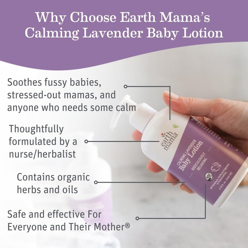 Earth Mama Calming Lavender Baby Lotion for Dry Skin, Calendula Cream for Newborn Skin Care, Organic Moisturizer for Children with Aloe Juice, Rooibos, & Shea Butter, Lavender Lotion, 8 Fl Oz - Image 1