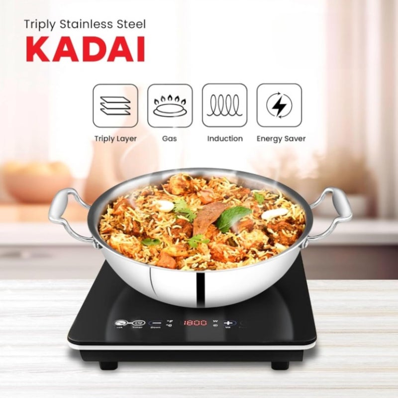 URTRUST Triply Stainless Steel Kadai with Lid I Stainless Steel Cookware Tri Ply Deep Kadhai 32 cm