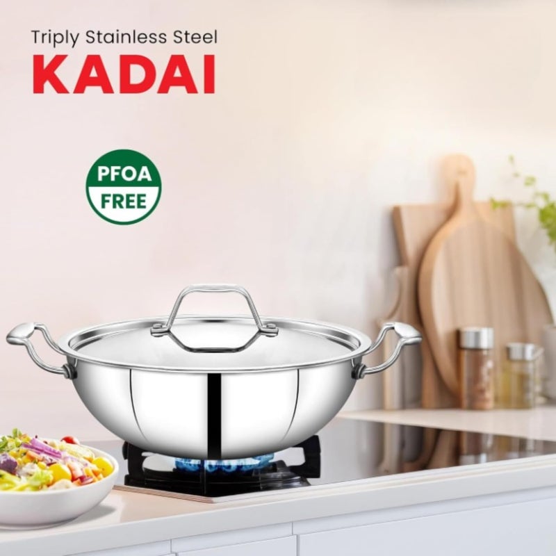URTRUST Triply Stainless Steel Kadai with Lid I Stainless Steel Cookware Tri Ply Deep Kadhai 32 cm