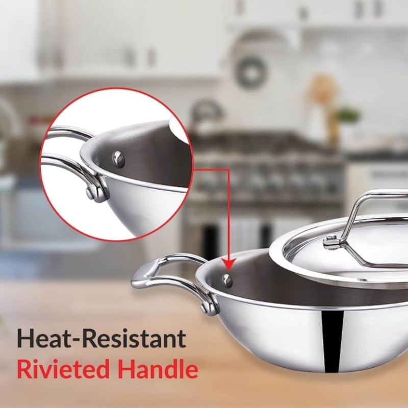URTRUST Triply Stainless Steel Kadai with Lid I Stainless Steel Cookware Tri Ply Deep Kadhai 32 cm