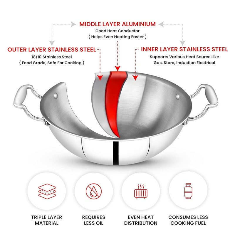 URTRUST Triply Stainless Steel Kadai with Lid I Stainless Steel Cookware Tri Ply Deep Kadhai 32 cm