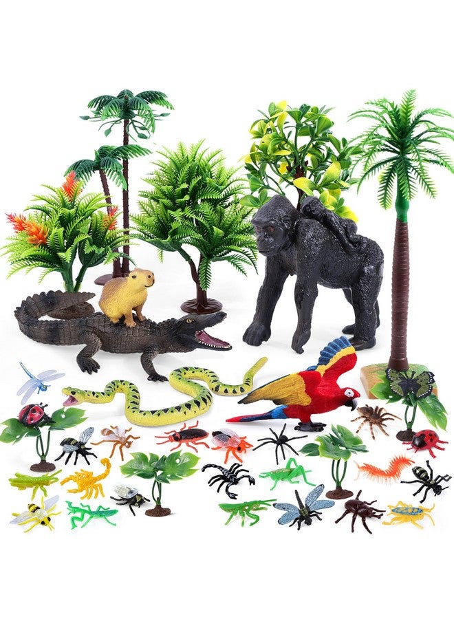 SIENON 39Pcs Rainforest Animal Figurines Set Model Tress Kit Rainforest Diorama Project with Gorilla Parrot Crocodile Capybara Anaconda Snake Insects Playset for Kids Birthday Cake Toppers Party Décor - Image 1