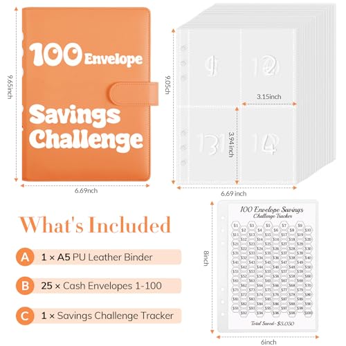Zuozee 100 Envelopes Money Saving Challenge Binder, A5 Savings Binder for Planning and Saving $5050, Budget Binder with 25 Cash Envelopes and 3 Savings Challenges Trackers, Orange - Image 2