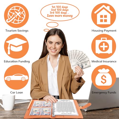 Zuozee 100 Envelopes Money Saving Challenge Binder, A5 Savings Binder for Planning and Saving $5050, Budget Binder with 25 Cash Envelopes and 3 Savings Challenges Trackers, Orange - Image 3