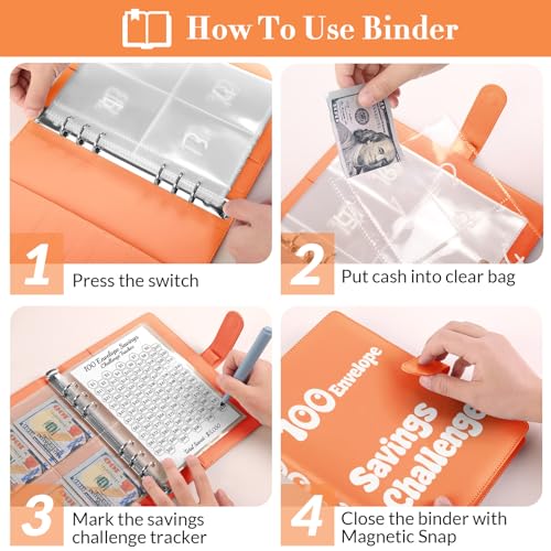 Zuozee 100 Envelopes Money Saving Challenge Binder, A5 Savings Binder for Planning and Saving $5050, Budget Binder with 25 Cash Envelopes and 3 Savings Challenges Trackers, Orange - Image 5
