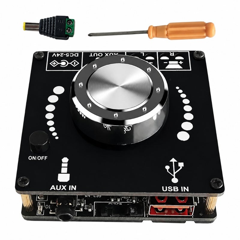 Home theater audio amplifier board, aluminum alloy, black, 100W+100W stereo output with Bluetooth 5.0, AUX and USB connectivity - Image 1