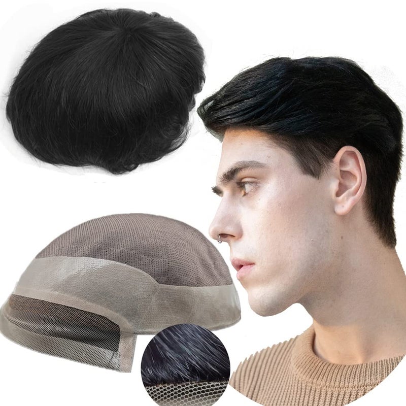 YANAHAIR Toupee for Men men hair pieces Mono Toupee Human Hair Replacement System 100% European Real Human Hair Men Lace Hair System Fine Mono Lace Front with PU Around (#1B Off Black) (9x7)