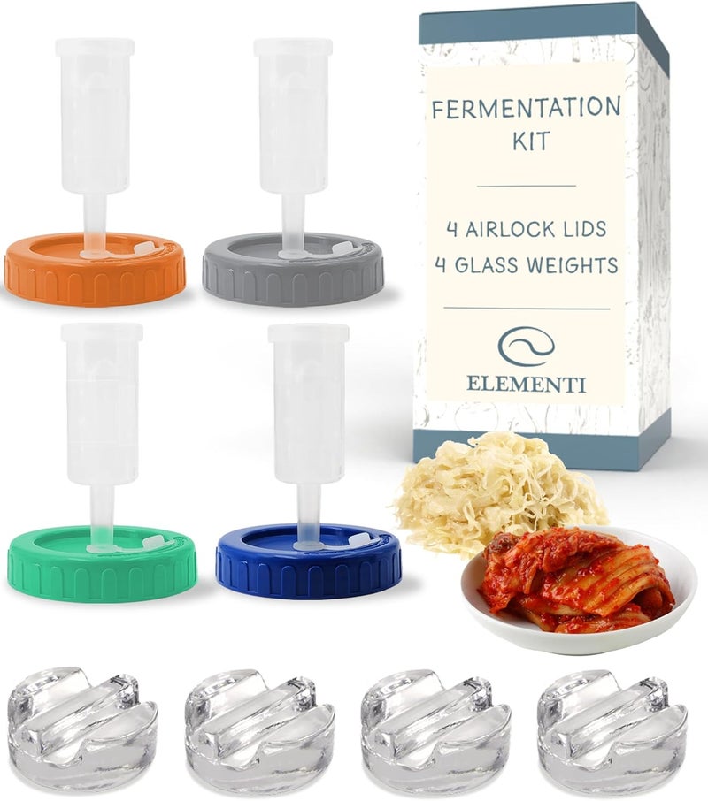 Elementi Mason Jar Fermentation Kit - Set of 4 Glass Fermenting Weights & Wide Mouth Mason Jar Fermentation Lids - Sauerkraut, Kimchi & Pickling Kit - Airlocks for Fermenting - Image 1