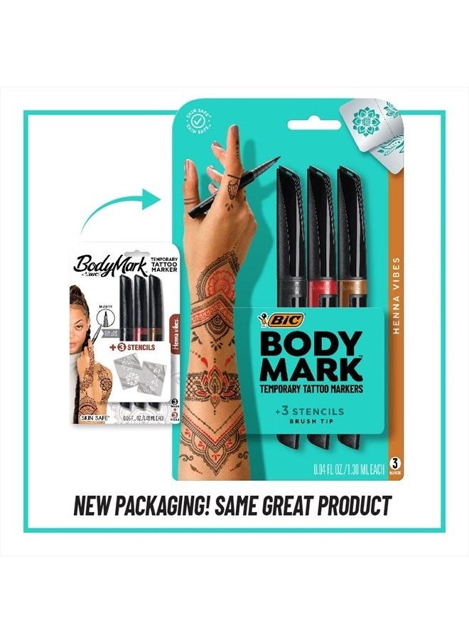 Bic - BodyMark Temporary Tattoo Markers for Skin (MTBP31HN-AST), Henna Vibes, Flexible Brush Tip, 3-Count Pack of Assorted Colors, Skin-Safe*, Cosmetic Quality - Image 1