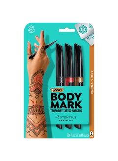 BodyMark Temporary Tattoo Markers for Skin (MTBP31HN-AST), Henna Vibes, Flexible Brush Tip, 3-Count Pack of Assorted Colors, Skin-Safe*, Cosmetic Quality