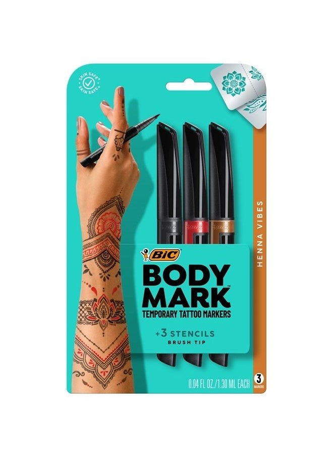 Bic - BodyMark Temporary Tattoo Markers for Skin (MTBP31HN-AST), Henna Vibes, Flexible Brush Tip, 3-Count Pack of Assorted Colors, Skin-Safe*, Cosmetic Quality - Image 1