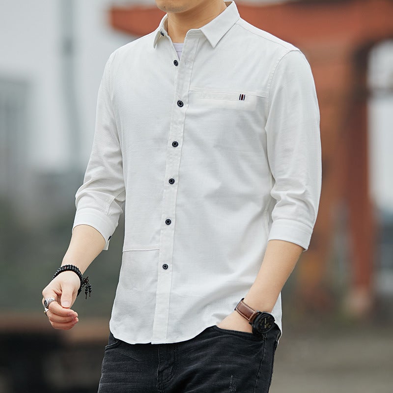 Mens long-sleeved seven-point shirt men solid color slimitless business work clothes-free shirt youth jacket manufacturers supply 18088 sleeve White 