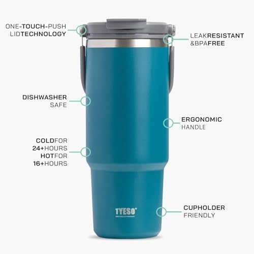 TYESO 30oz Tumbler with Handle and Straw Lid, Insulated Stainless Steel Double Walled Vacuum Water Bottle for Office, Home, Sport or Car, Travel Mug for Hot and Cold | Adventure Collection (Orange) - Image 2